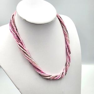 Pink, White & Grey Multi-Strand Beaded Necklace